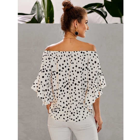 Dalmatian Dot White Off Shoulder Front Tie Top - Picture 2 of 5